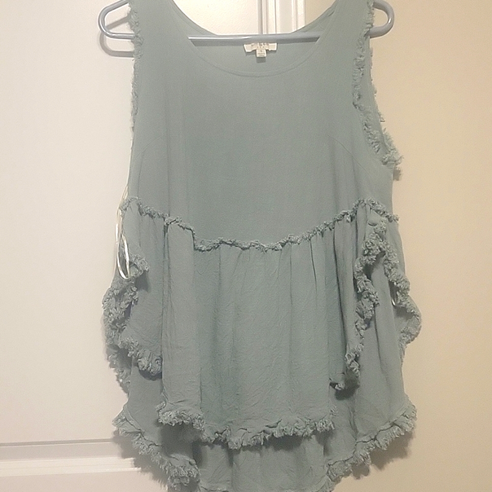 Frayed Trim Sleeveless Peplum Top - Sage Green
